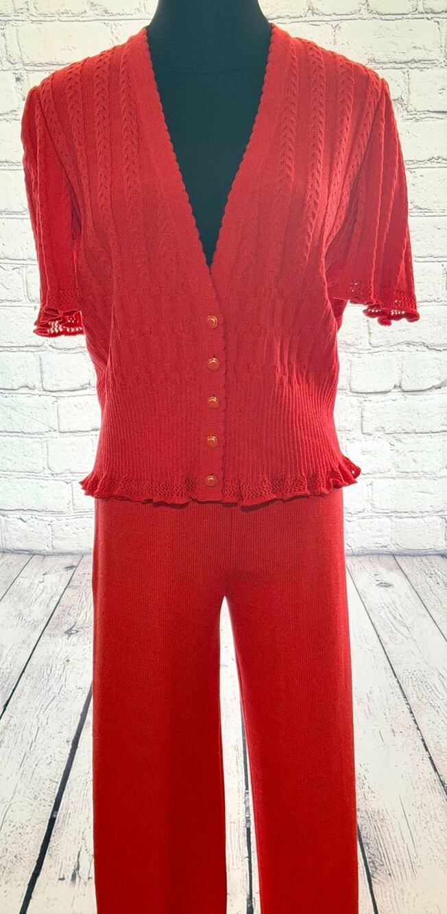 ST. JOHN KNIT Coral Color Cable-Knit Cropped Cardigan & Pant 2pc SET Size S/4